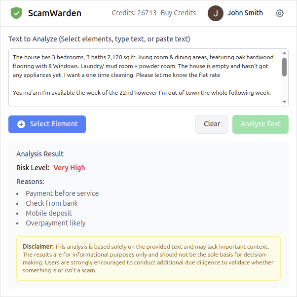 ScamWarden extension analyzing selected text